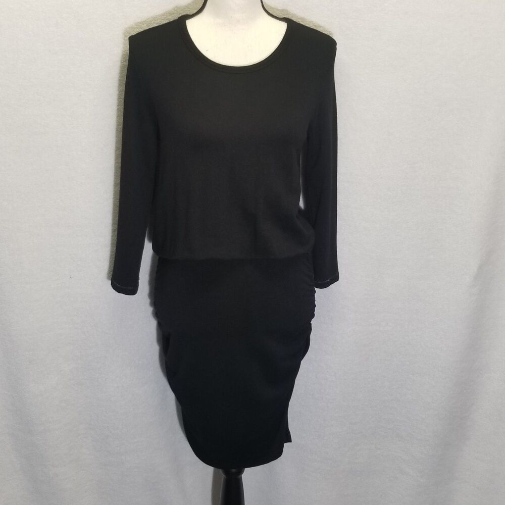 Sundry 1 (Sm) Dress Blouson Above Knee Black Knit Ruched Skirt Timeless Classic